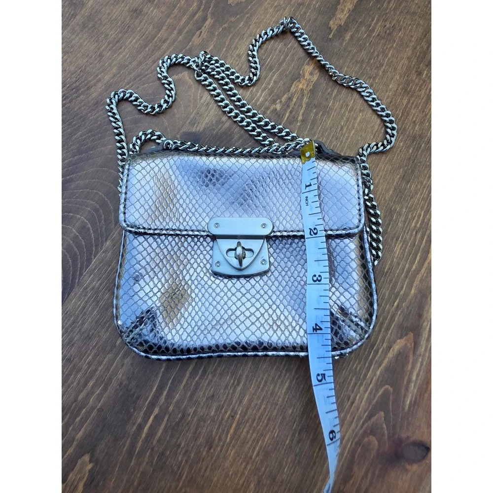 Talbots Womens Metallic Silver Snakeskin Embossed Leather Chain Crossbody Bag